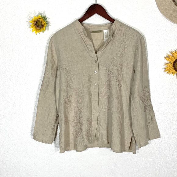Liz Claiborne Lizwear Large Blouse Half Button Embroidered Linen Top Natural Tan - Picture 2 of 9